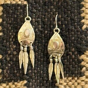 Vintage Style Sterling Silver Pink Mother of Pearl Dangle Feathers Earrings